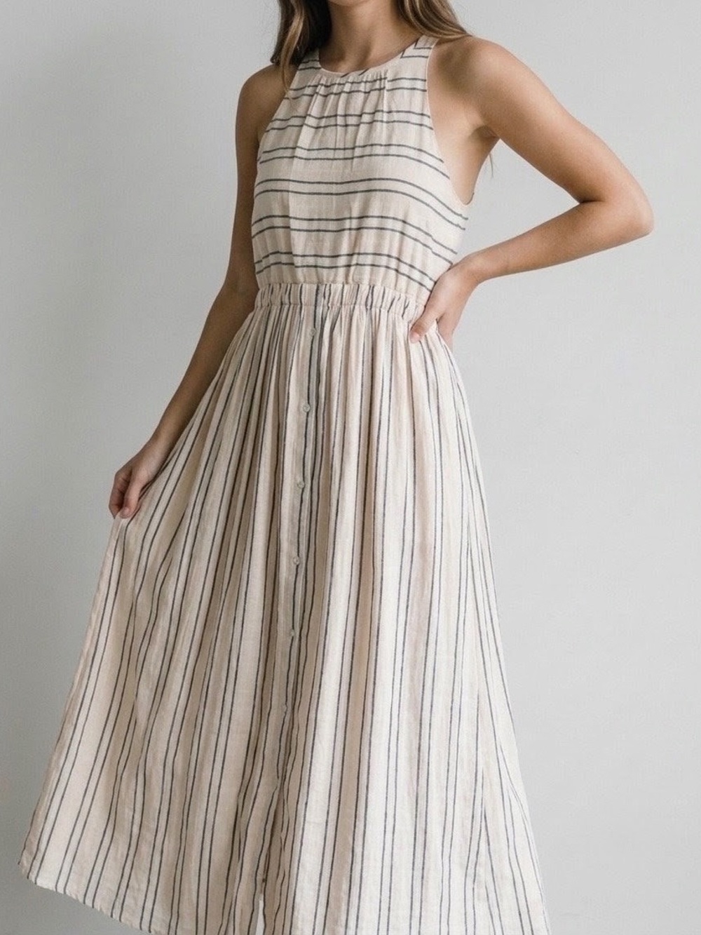LC Lauren Conrad Striped Linen Blend Maxi Dress Button Front High Neck Size M